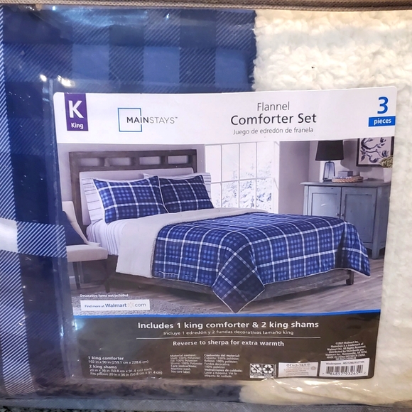 Mainstays Cozy Plaid Blue Flannel and Reversible Super Soft Sherpa Comforter Set - Picture 2 of 8